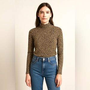 J. Crew Leopard Print Long Sleeve Turtleneck Top in Brown and Black